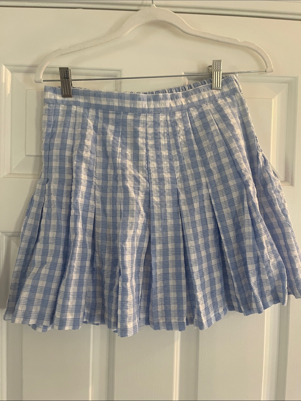 Light Blue and White Gingham Pleated Skirt